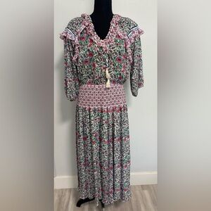 Diane Freis Vintage Mixed Floral Print Dress Ruffle Sleeves, Tassel Tie Size M